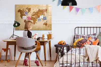 Beschrijfbaar glazen magneetbord met design wereldkaart in oude stijl