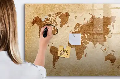 Beschrijfbaar glazen magneetbord met design wereldkaart in oude stijl