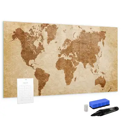 Beschrijfbaar glazen magneetbord met design wereldkaart in oude stijl