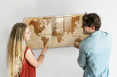 Beschrijfbaar glazen magneetbord met design wereldkaart in oude stijl