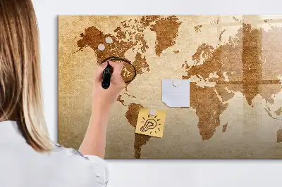 Beschrijfbaar glazen magneetbord met design wereldkaart in oude stijl