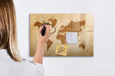 Beschrijfbaar glazen magneetbord met design wereldkaart in oude stijl