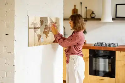 Beschrijfbaar glazen magneetbord met design wereldkaart in oude stijl