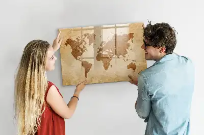 Beschrijfbaar glazen magneetbord met design wereldkaart in oude stijl