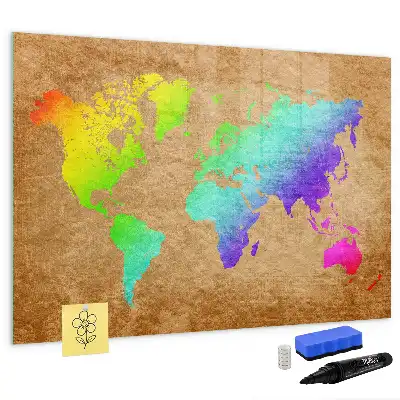 Beschrijfbaar magneetbord van glas met design van een regenboog wereldkaart