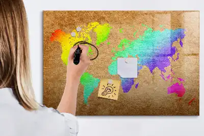Beschrijfbaar magneetbord van glas met design van een regenboog wereldkaart