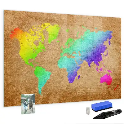 Beschrijfbaar magneetbord van glas met design van een regenboog wereldkaart