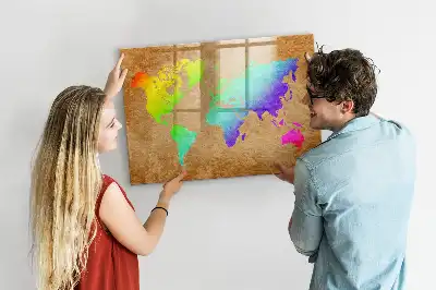 Beschrijfbaar magneetbord van glas met design van een regenboog wereldkaart