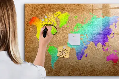 Beschrijfbaar magneetbord van glas met design van een regenboog wereldkaart