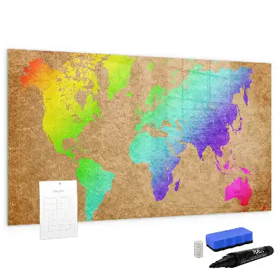 Beschrijfbaar magneetbord van glas met design van een regenboog wereldkaart