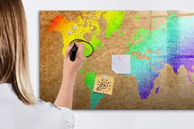 Beschrijfbaar magneetbord van glas met design van een regenboog wereldkaart