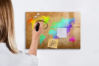 Beschrijfbaar magneetbord van glas met design van een regenboog wereldkaart