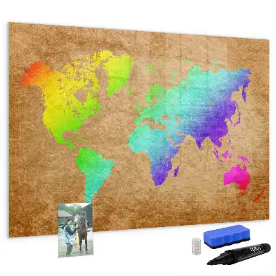 Beschrijfbaar magneetbord van glas met design van een regenboog wereldkaart