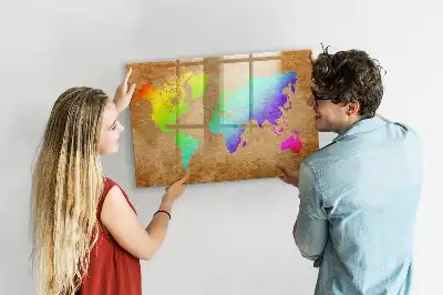 Beschrijfbaar magneetbord van glas met design van een regenboog wereldkaart