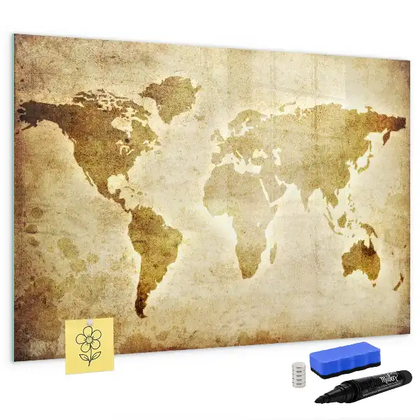 Beschrijfbaar glazen magneetbord met design van een oude wereldkaart