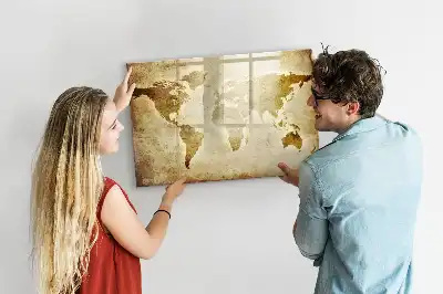 Beschrijfbaar glazen magneetbord met design van een oude wereldkaart