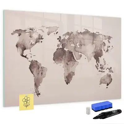 Beschrijfbaar glazen magneetbord met aquarel wereldkaart design