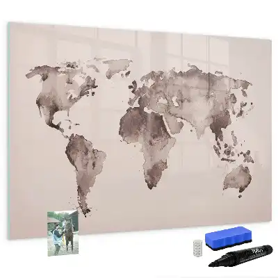 Beschrijfbaar glazen magneetbord met aquarel wereldkaart design