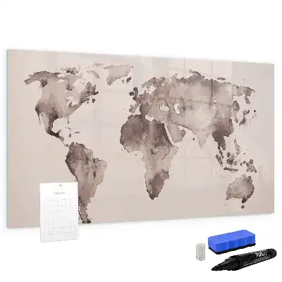 Beschrijfbaar glazen magneetbord met aquarel wereldkaart design
