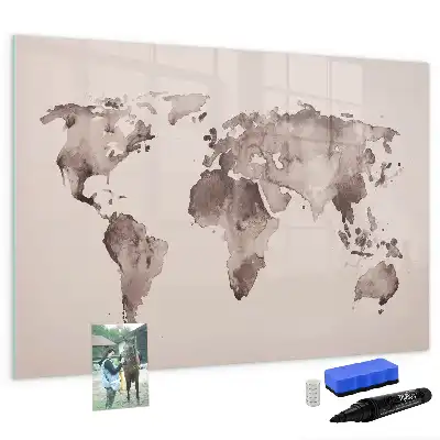 Beschrijfbaar glazen magneetbord met aquarel wereldkaart design