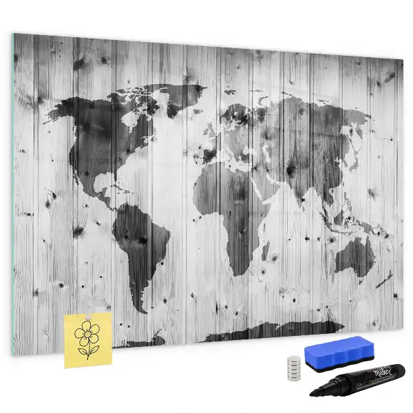 Wereldkaart op hout magnetisch glazen schrijfbord voor notities en foto's