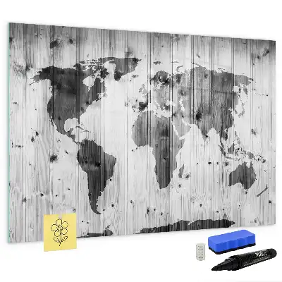 Wereldkaart op hout magnetisch glazen schrijfbord voor notities en foto's