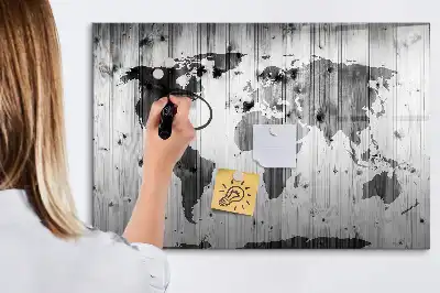 Wereldkaart op hout magnetisch glazen schrijfbord voor notities en foto's