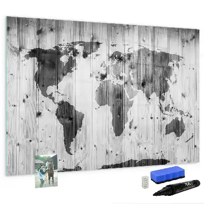 Wereldkaart op hout magnetisch glazen schrijfbord voor notities en foto's