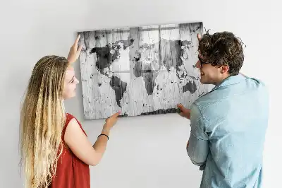 Wereldkaart op hout magnetisch glazen schrijfbord voor notities en foto's