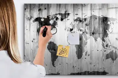 Wereldkaart op hout magnetisch glazen schrijfbord voor notities en foto's