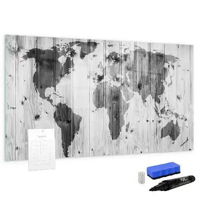 Wereldkaart op hout magnetisch glazen schrijfbord voor notities en foto's