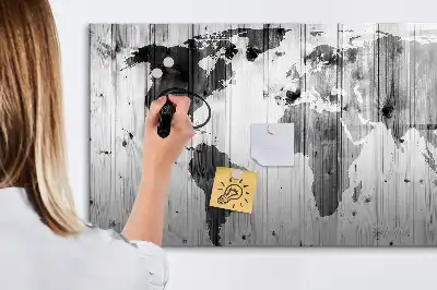 Wereldkaart op hout magnetisch glazen schrijfbord voor notities en foto's