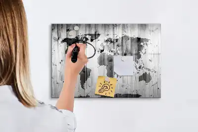 Wereldkaart op hout magnetisch glazen schrijfbord voor notities en foto's