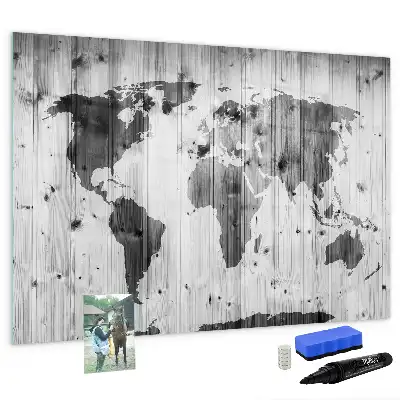 Wereldkaart op hout magnetisch glazen schrijfbord voor notities en foto's
