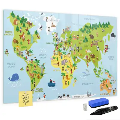Magnetisch glazen schrijfbord met wereldkaart uitvoering met culturele wereldkaart voor notities en foto's