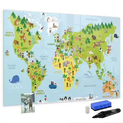 Magnetisch glazen schrijfbord met wereldkaart uitvoering met culturele wereldkaart voor notities en foto's