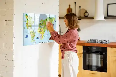 Magnetisch glazen schrijfbord met wereldkaart uitvoering met culturele wereldkaart voor notities en foto's