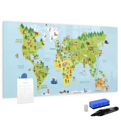 Magnetisch glazen schrijfbord met wereldkaart uitvoering met culturele wereldkaart voor notities en foto's
