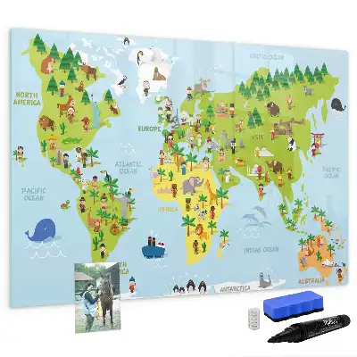 Magnetisch glazen schrijfbord met wereldkaart uitvoering met culturele wereldkaart voor notities en foto's