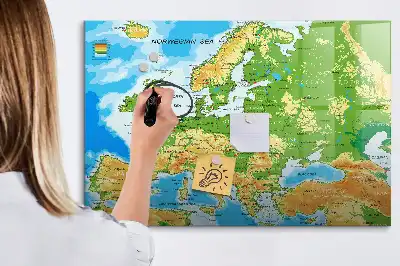 Geografische wereldkaart magnetisch glazen schrijfbord voor notities en foto's