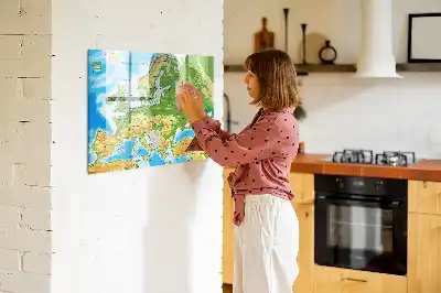 Geografische wereldkaart magnetisch glazen schrijfbord voor notities en foto's