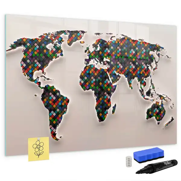 Magnetisch glazen schrijfbord met abstracte wereldkaart