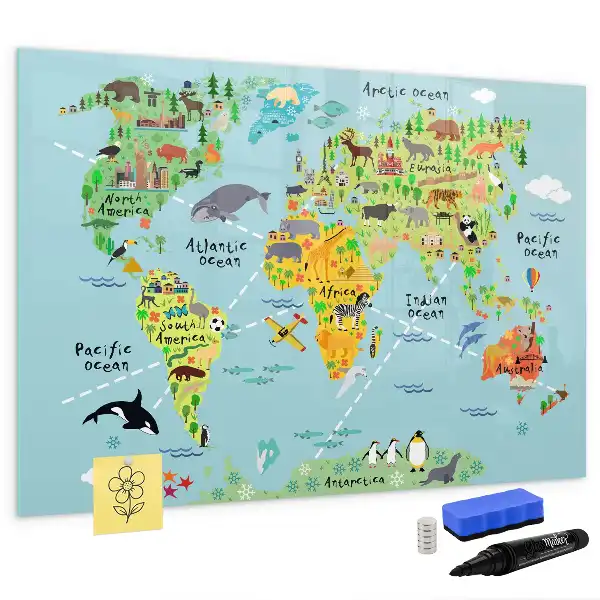Beschrijfbaar glazen magneetbord met design van een wereldkaart met dieren