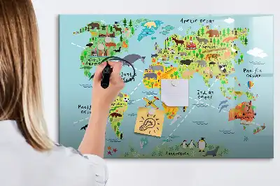 Beschrijfbaar glazen magneetbord met design van een wereldkaart met dieren