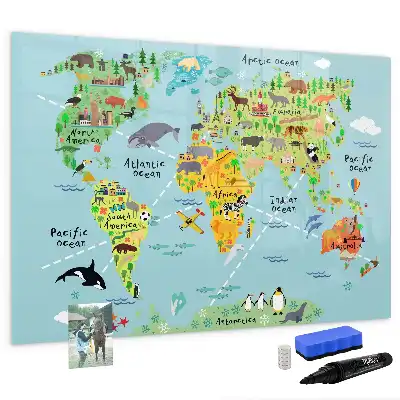 Beschrijfbaar glazen magneetbord met design van een wereldkaart met dieren