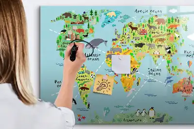 Beschrijfbaar glazen magneetbord met design van een wereldkaart met dieren