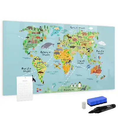 Beschrijfbaar glazen magneetbord met design van een wereldkaart met dieren