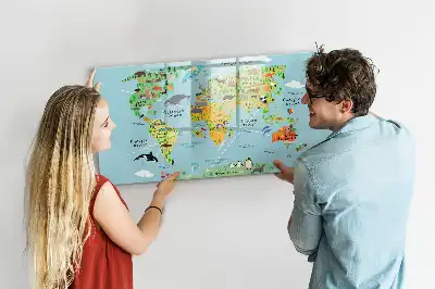 Beschrijfbaar glazen magneetbord met design van een wereldkaart met dieren