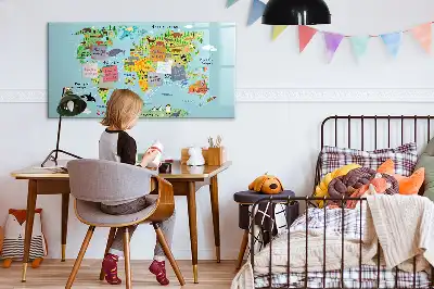 Beschrijfbaar glazen magneetbord met design van een wereldkaart met dieren