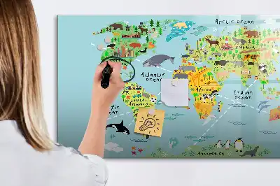 Beschrijfbaar glazen magneetbord met design van een wereldkaart met dieren
